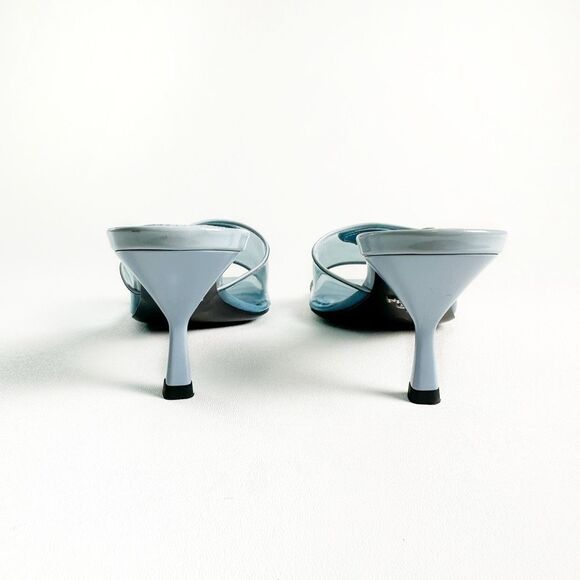 PRADA Blue Ciabatte Triangle Logo Slide Sandal Heels Size 37 Mule Clear PVC - Picture 10 of 13